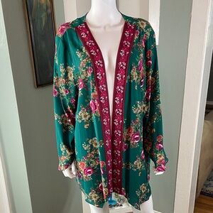 Floral Open-Front Kimono Jacket in Emerald Green
